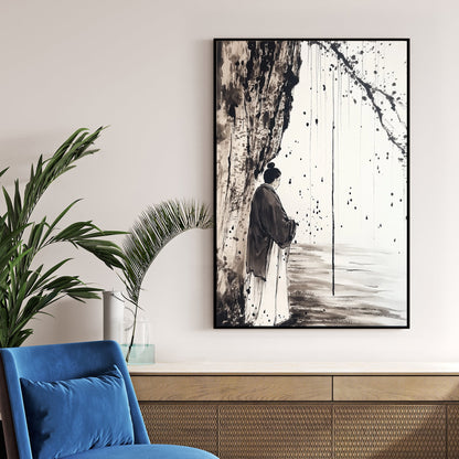 Japanese ink wall art featuring a solitary figure in traditional robes beneath a tree