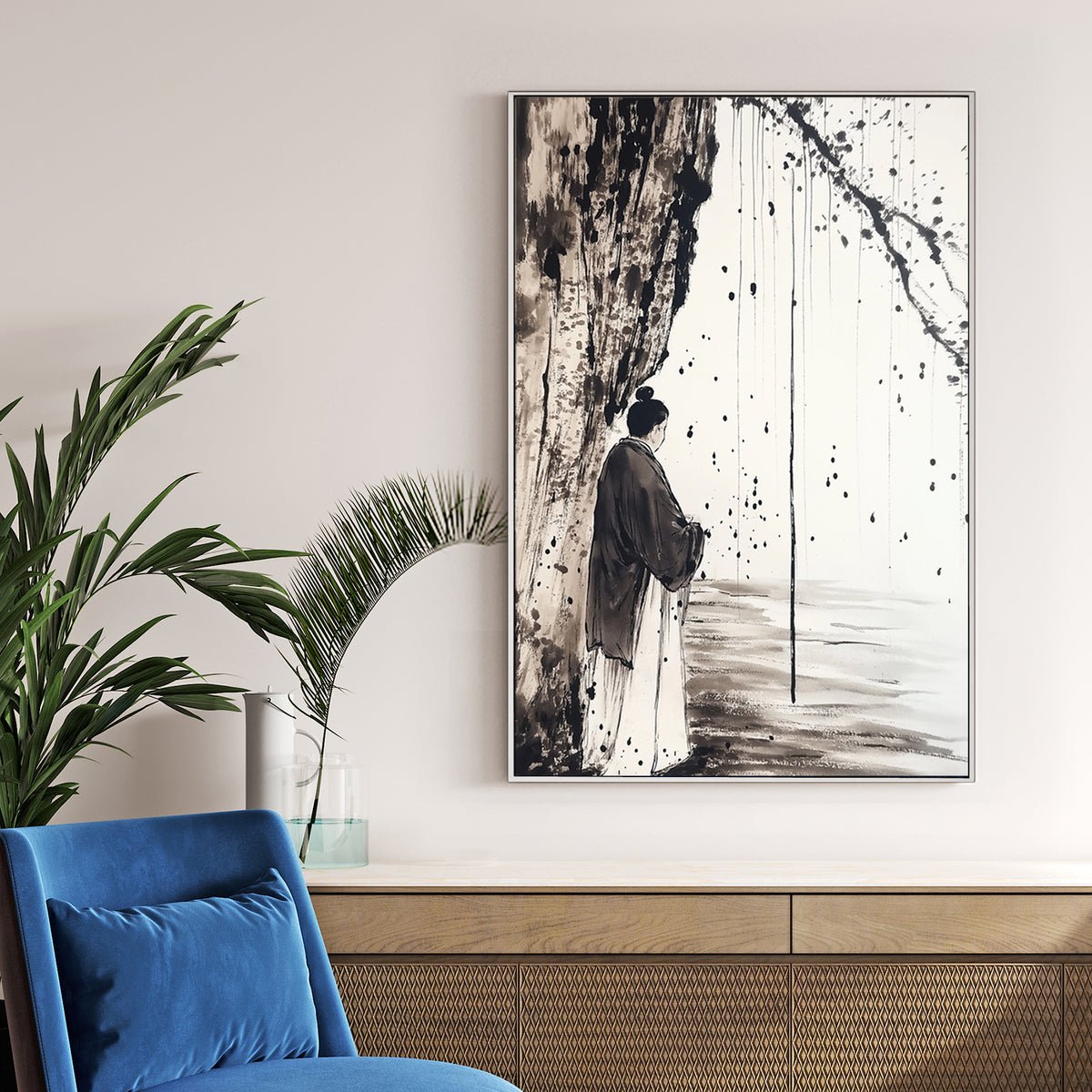 Japanese ink wall art featuring a solitary figure in traditional robes beneath a tree
