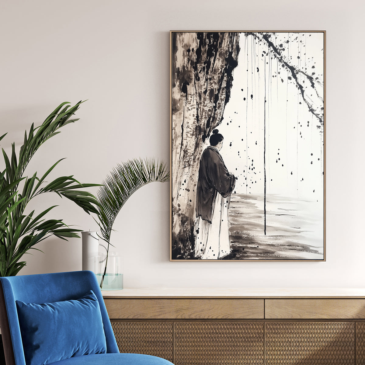 Japanese ink wall art featuring a solitary figure in traditional robes beneath a tree