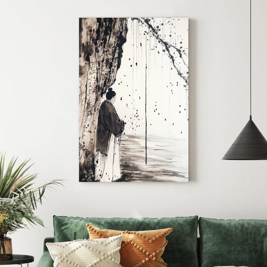 Japanese ink wall art featuring a solitary figure in traditional robes beneath a tree