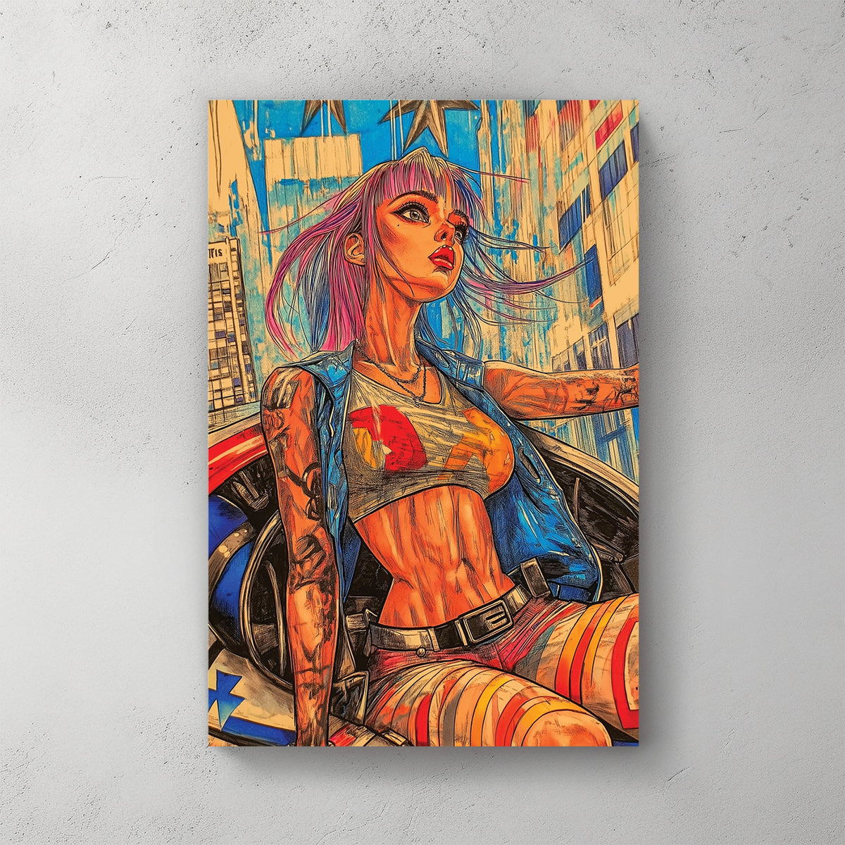 Futuristic anime-style wall art of a confident woman with vibrant hair riding through a neon city