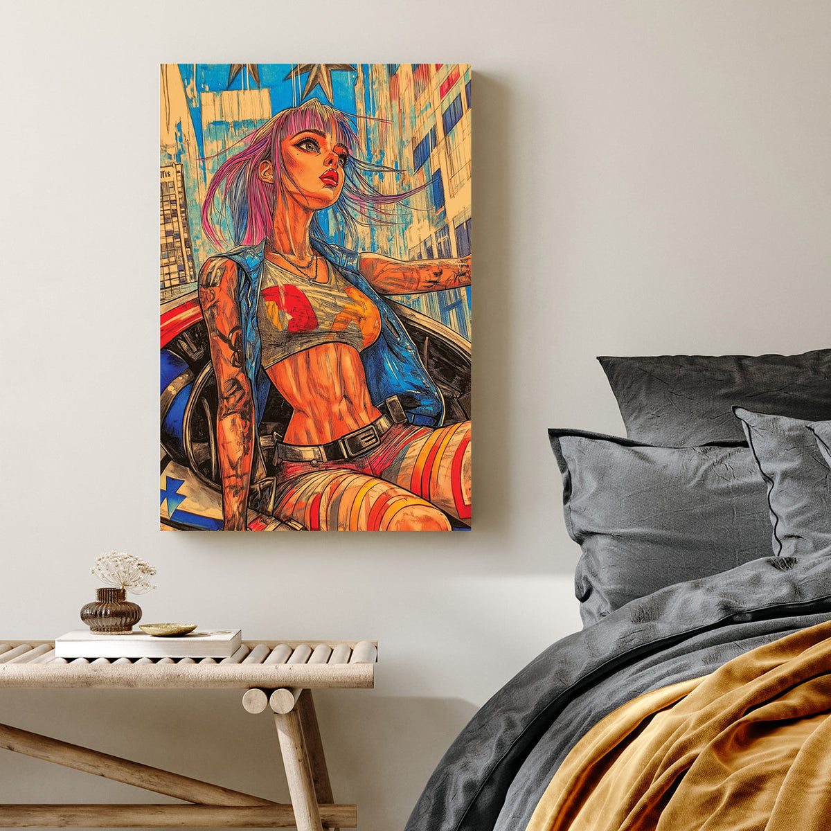 Futuristic anime-style wall art of a confident woman with vibrant hair riding through a neon city