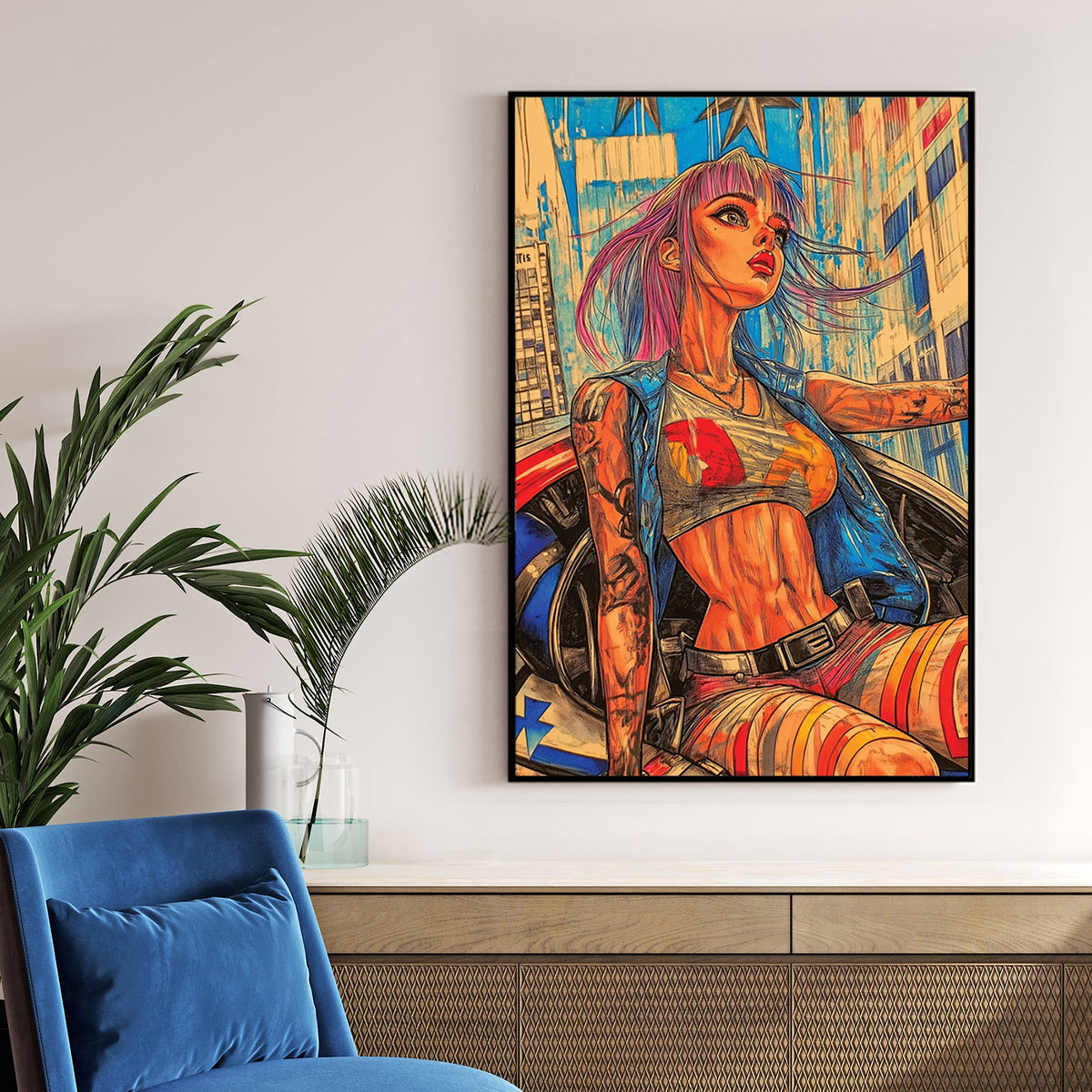 Futuristic anime-style wall art of a confident woman with vibrant hair riding through a neon city