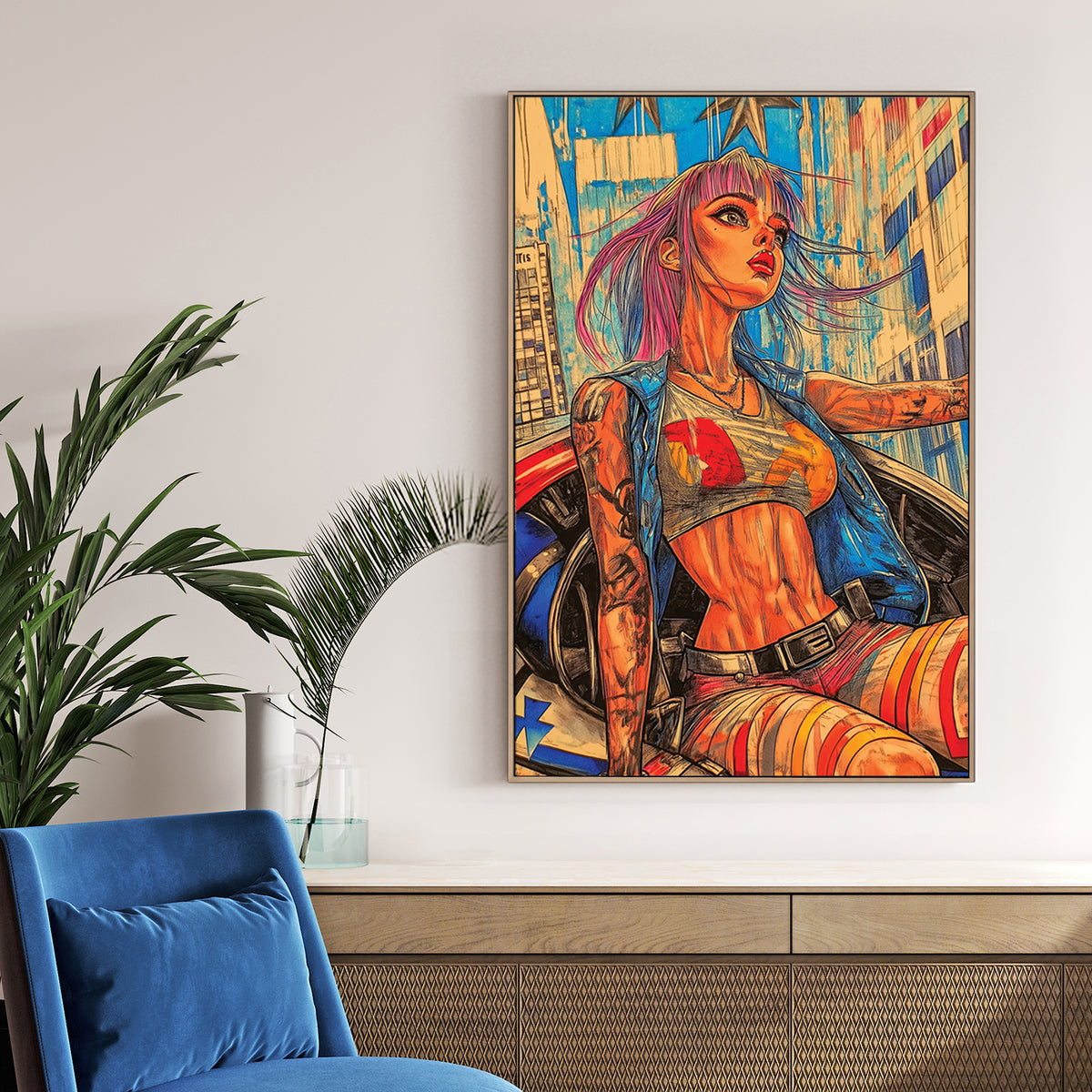 Futuristic anime-style wall art of a confident woman with vibrant hair riding through a neon city