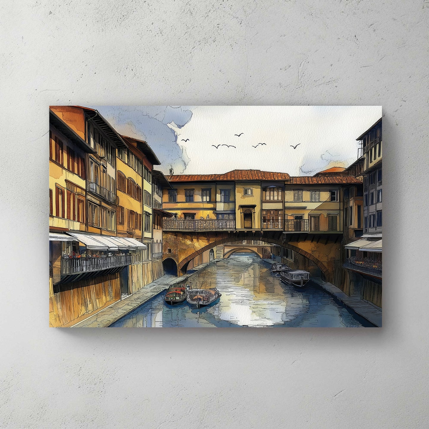 Florence Ponte Vecchio wall art with canal, boats, and historic architecture in watercolour style
