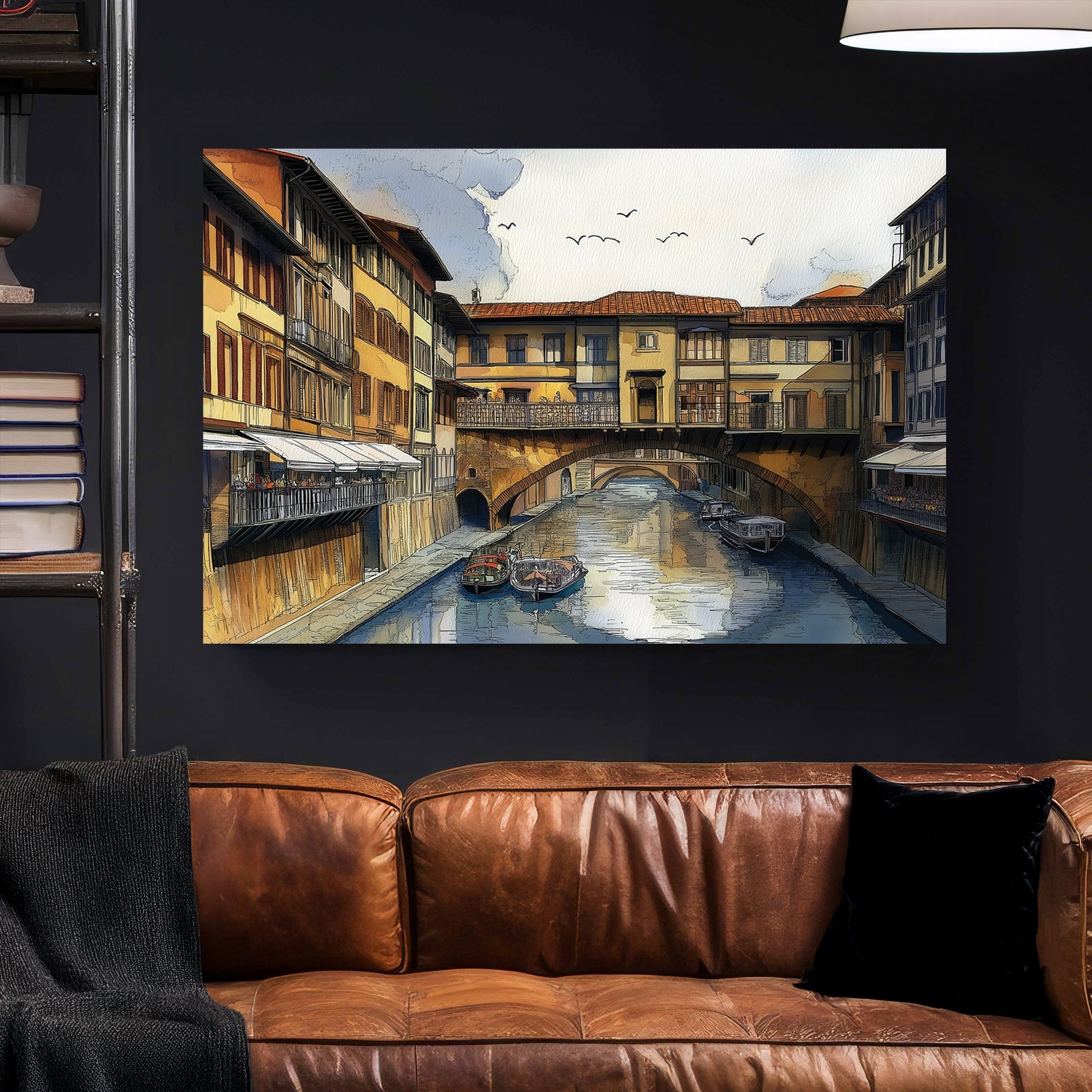 Florence Ponte Vecchio wall art with canal, boats, and historic architecture in watercolour style