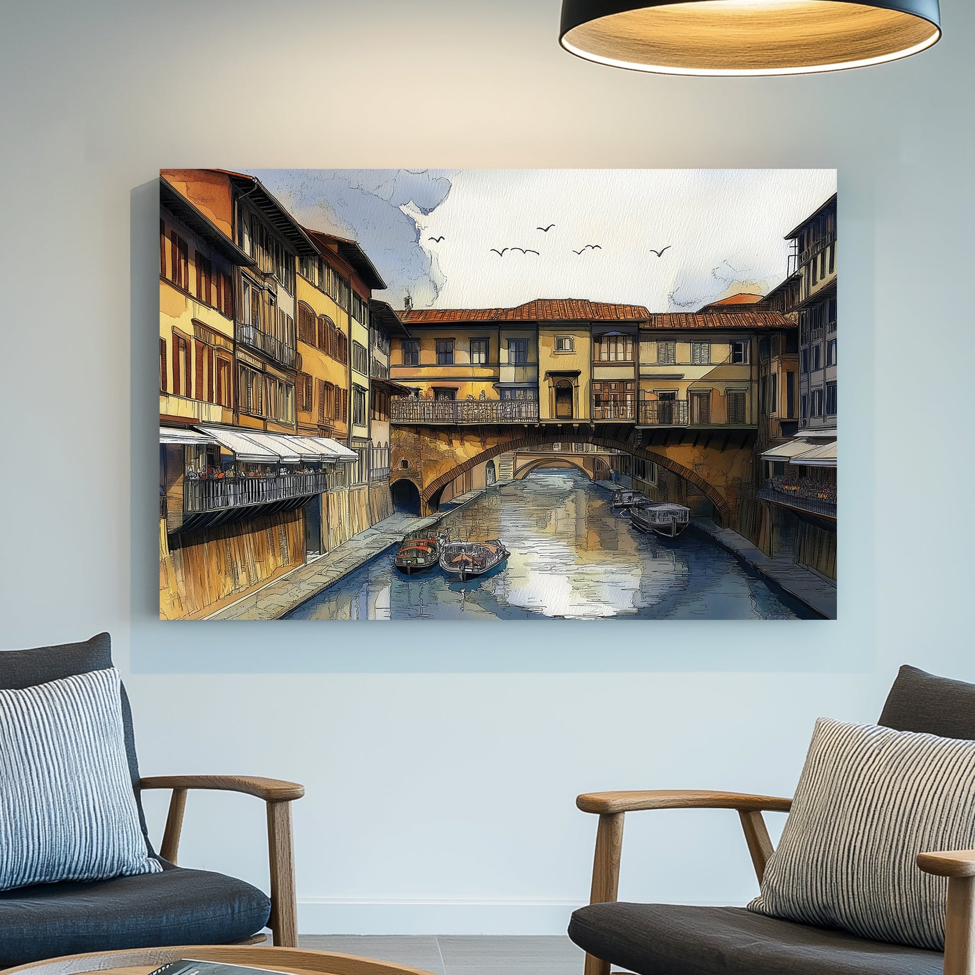 Florence Ponte Vecchio wall art with canal, boats, and historic architecture in watercolour style