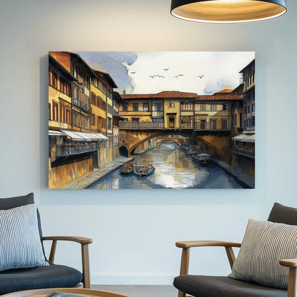 Florence Ponte Vecchio wall art with canal, boats, and historic architecture in watercolour style