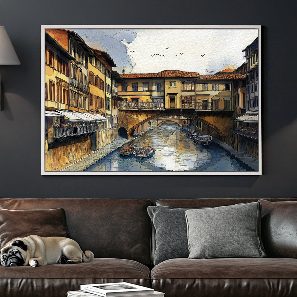 Florence Ponte Vecchio wall art with canal, boats, and historic architecture in watercolour style