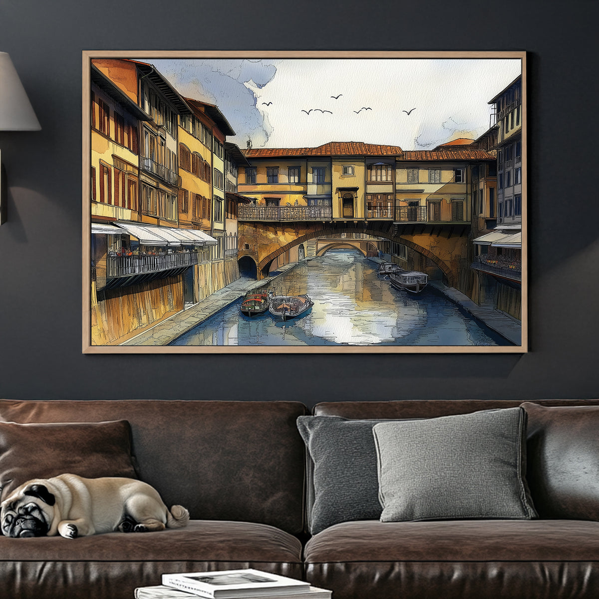 Florence Ponte Vecchio wall art with canal, boats, and historic architecture in watercolour style