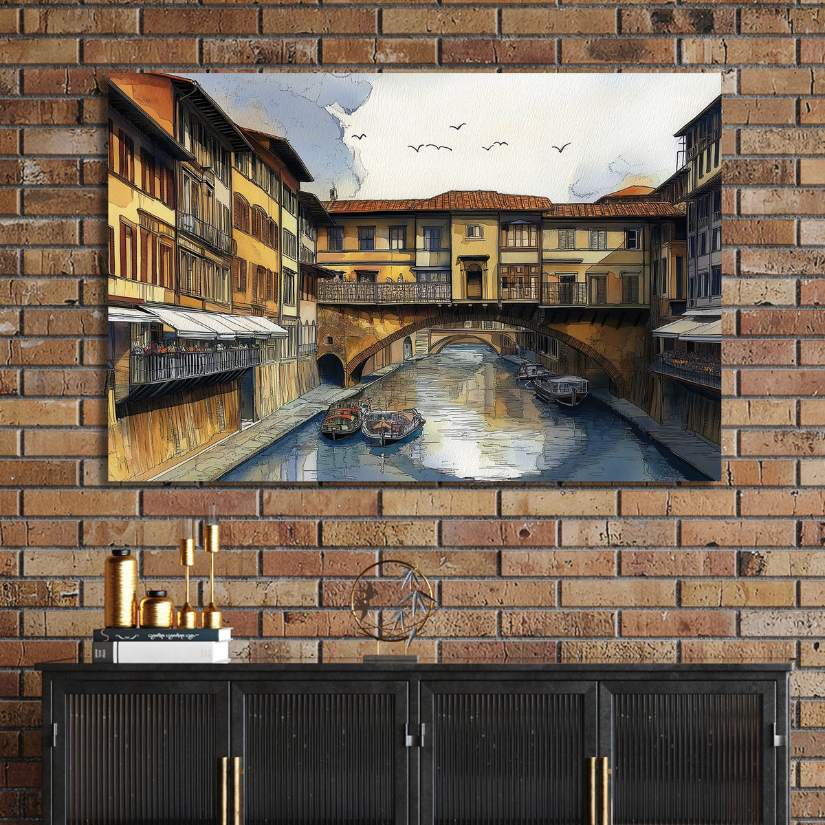 Florence Ponte Vecchio wall art with canal, boats, and historic architecture in watercolour style