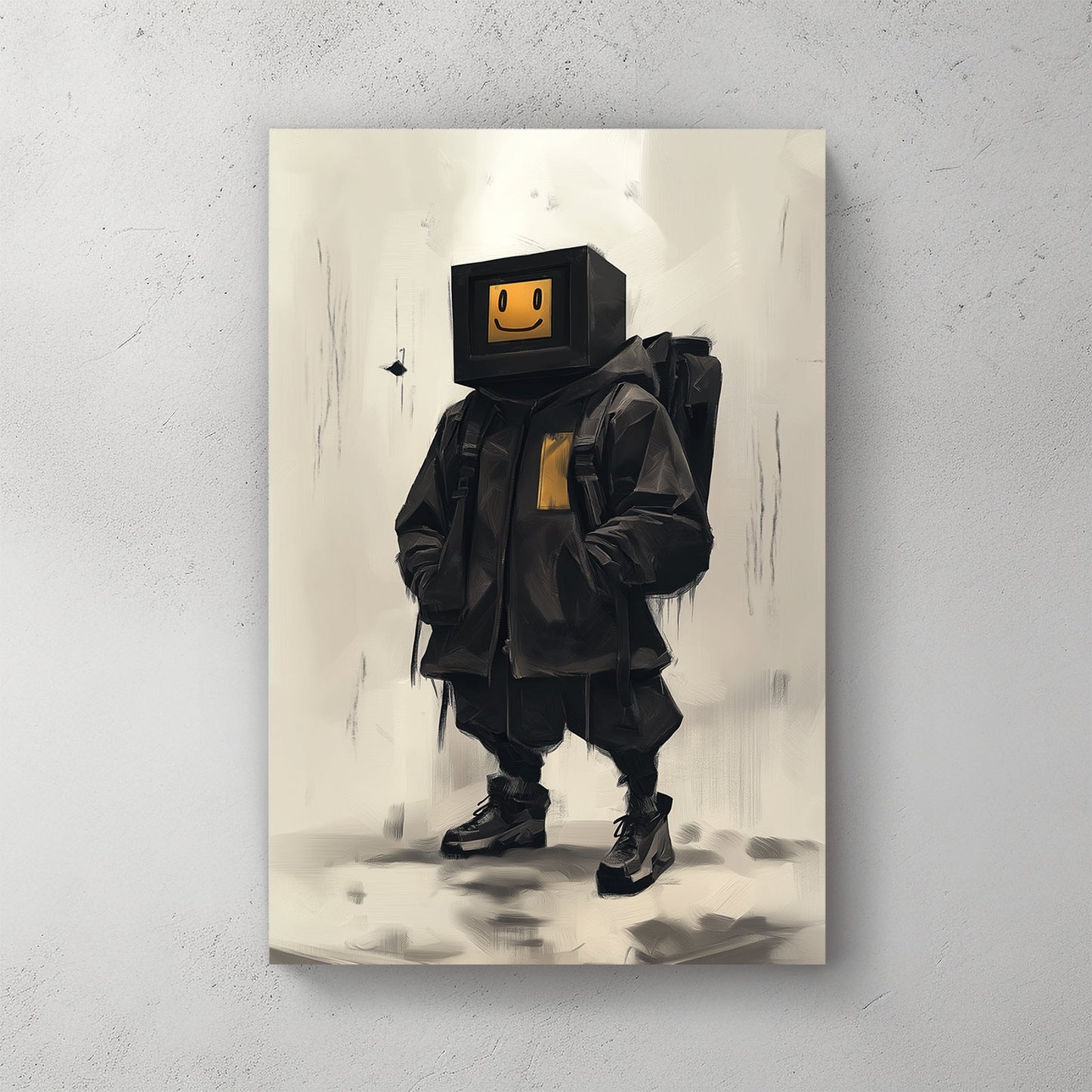 Streetwear digital character wall art with a retro screen head and smiley face