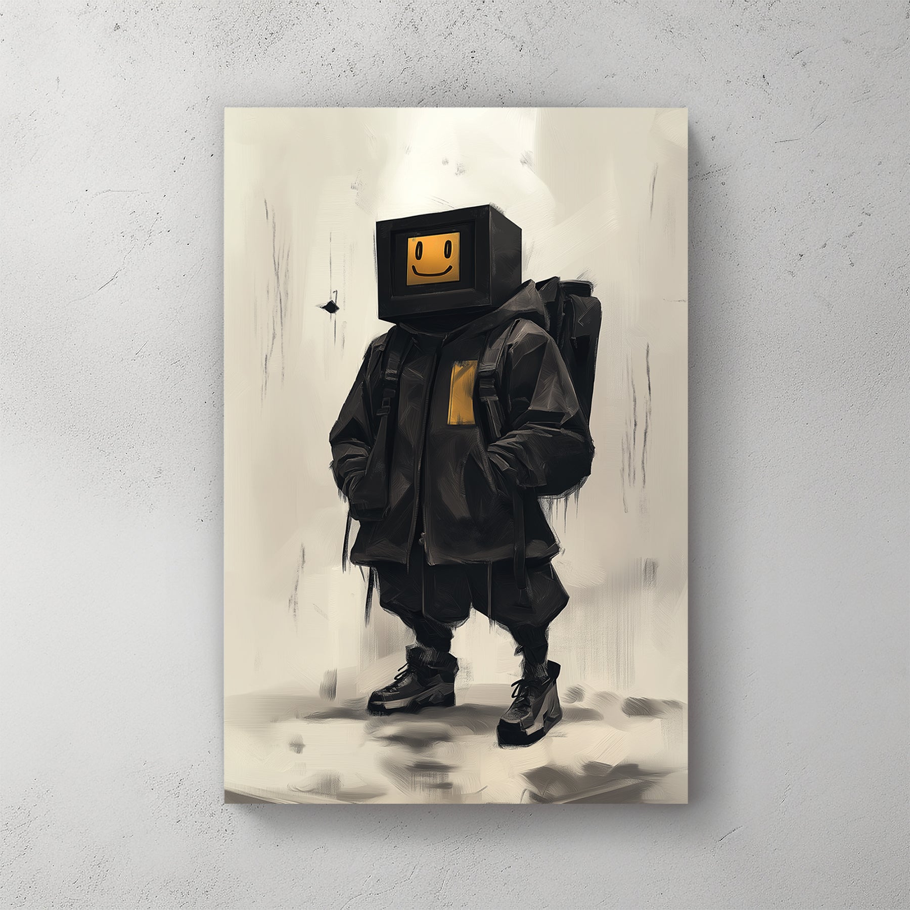 Streetwear digital character wall art with a retro screen head and smiley face