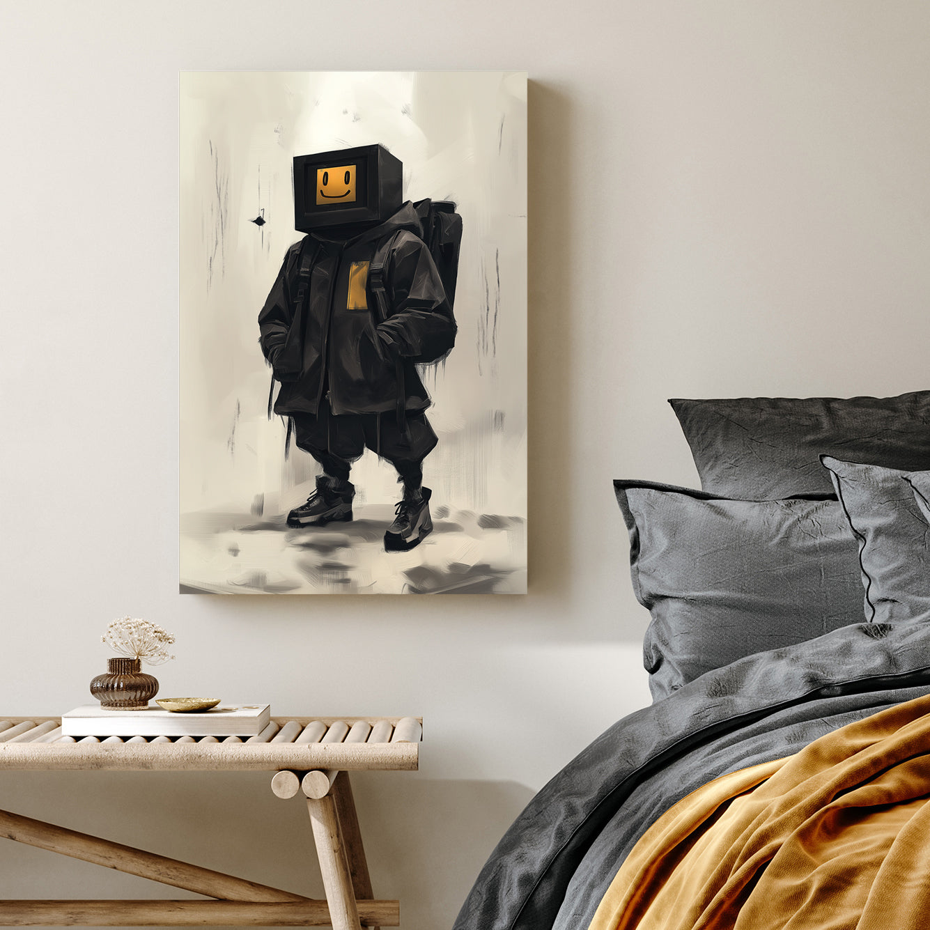 Streetwear digital character wall art with a retro screen head and smiley face