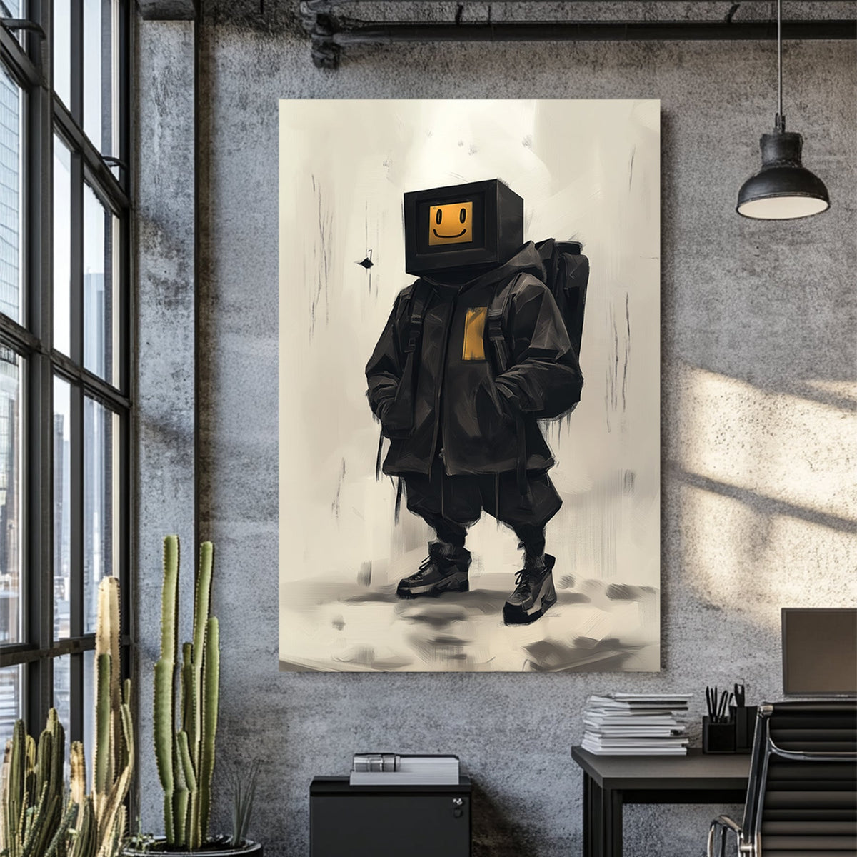 Streetwear digital character wall art with a retro screen head and smiley face