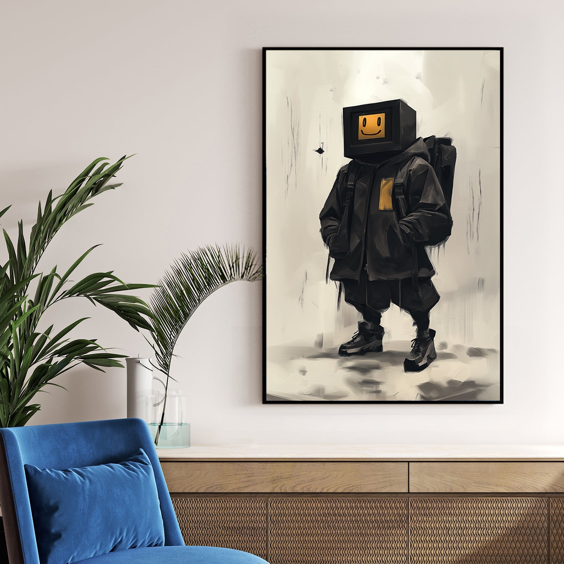 Streetwear digital character wall art with a retro screen head and smiley face