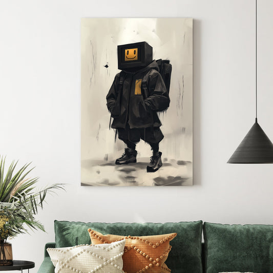 Streetwear digital character wall art with a retro screen head and smiley face