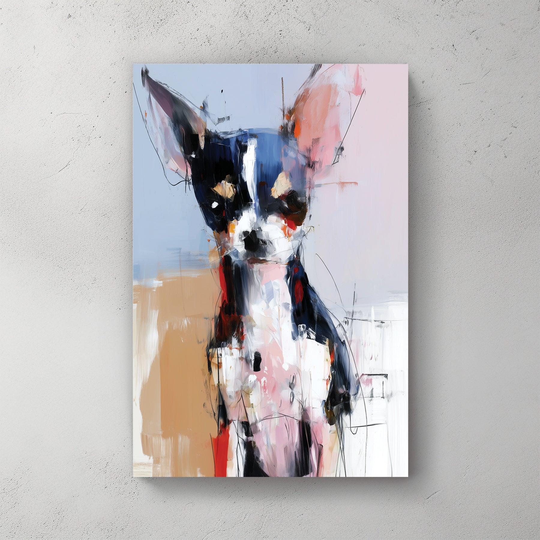 Abstract chihuahua wall art with bold brushstrokes and colourful expressionist style