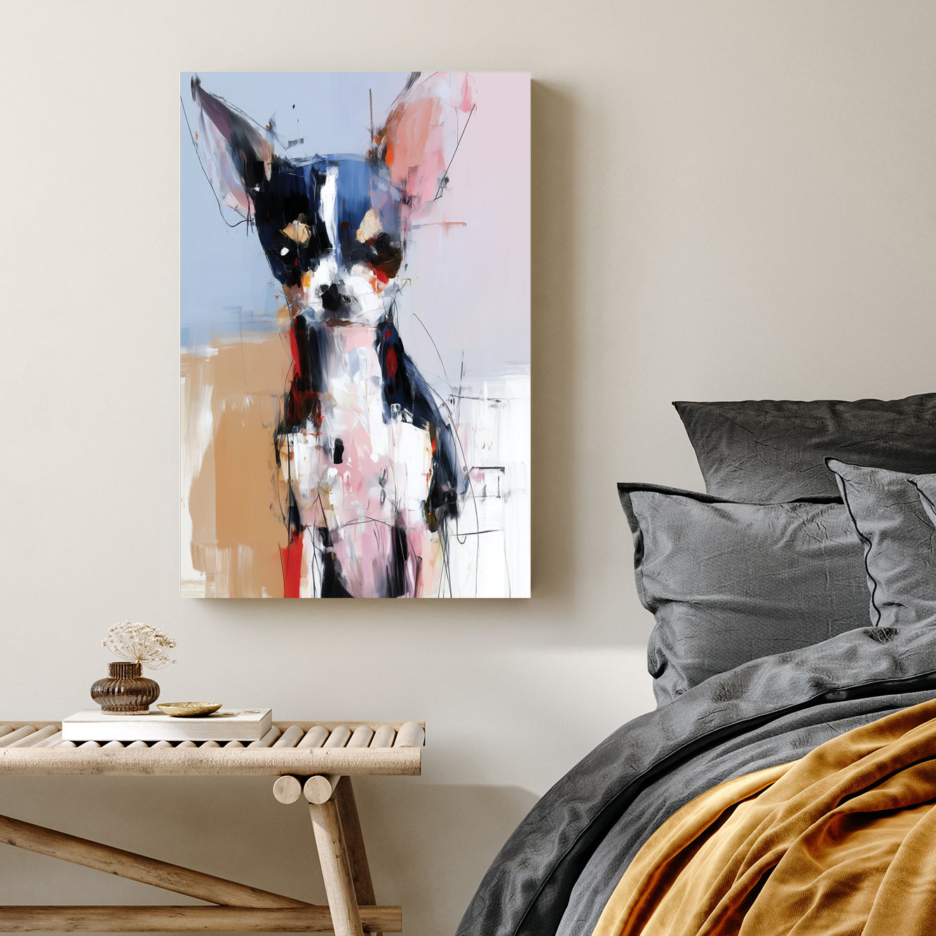 Abstract chihuahua wall art with bold brushstrokes and colourful expressionist style