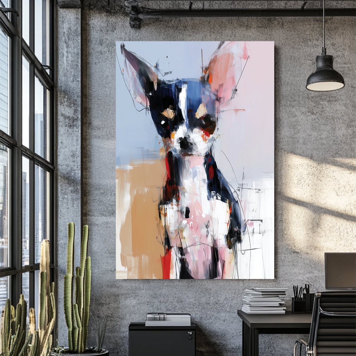 Abstract chihuahua wall art with bold brushstrokes and colourful expressionist style