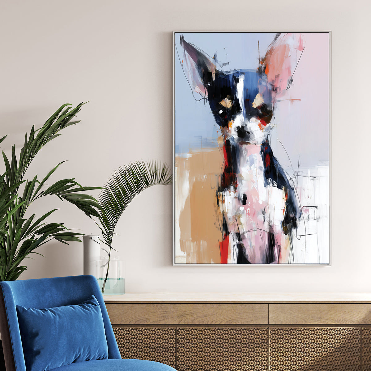 Abstract chihuahua wall art with bold brushstrokes and colourful expressionist style