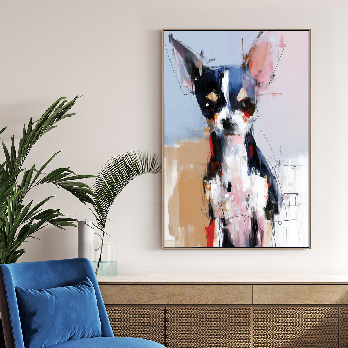 Abstract chihuahua wall art with bold brushstrokes and colourful expressionist style