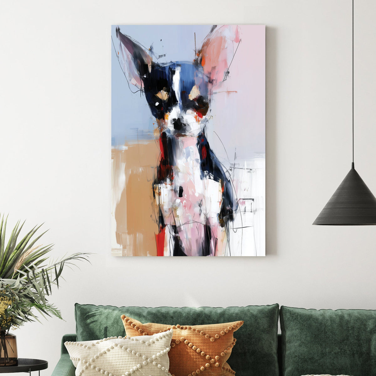 Abstract chihuahua wall art with bold brushstrokes and colourful expressionist style