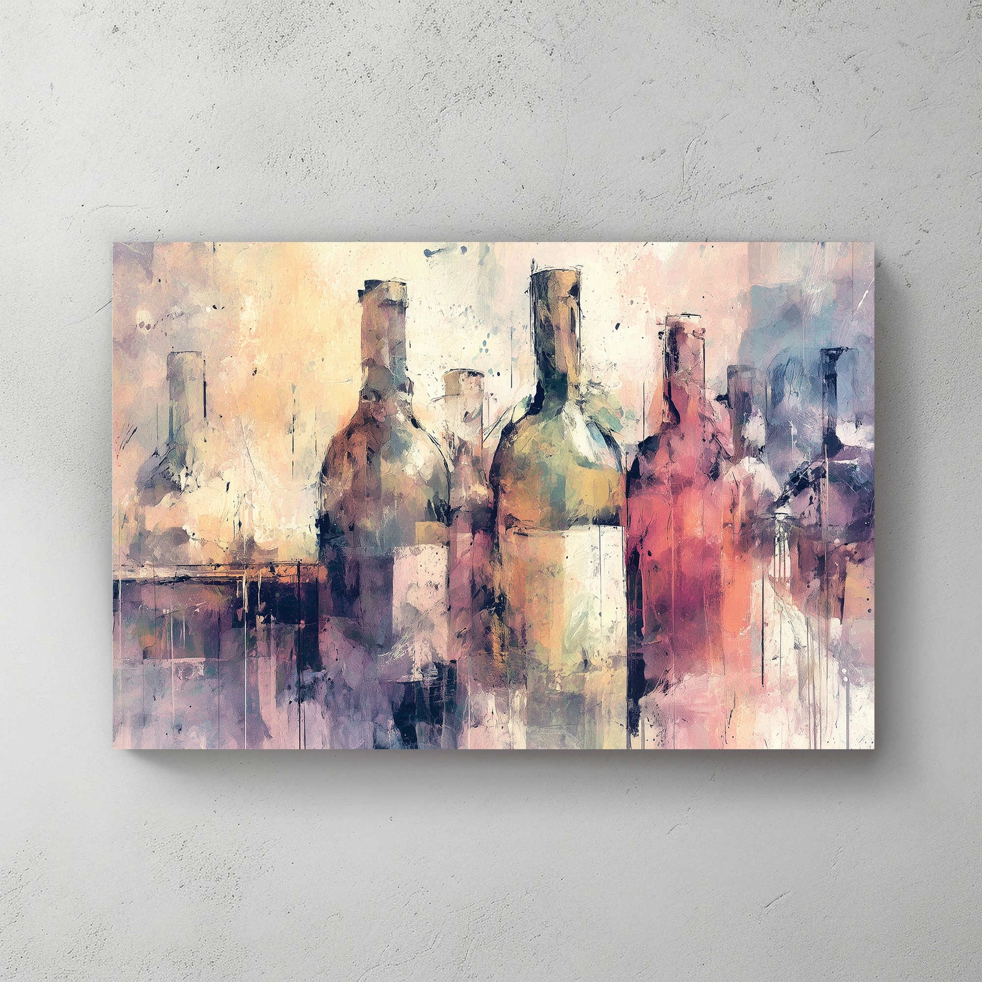 Abstract wine bottle wall art in soft pastel tones with impressionist texture