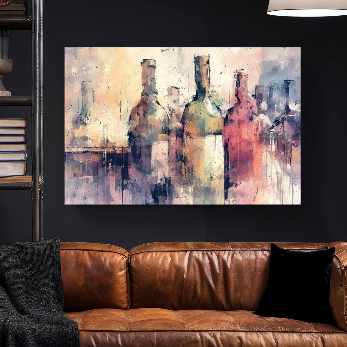Abstract wine bottle wall art in soft pastel tones with impressionist texture