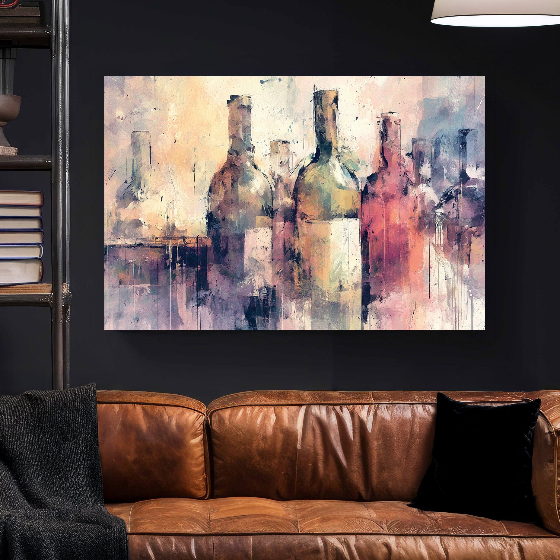 Abstract wine bottle wall art in soft pastel tones with impressionist texture