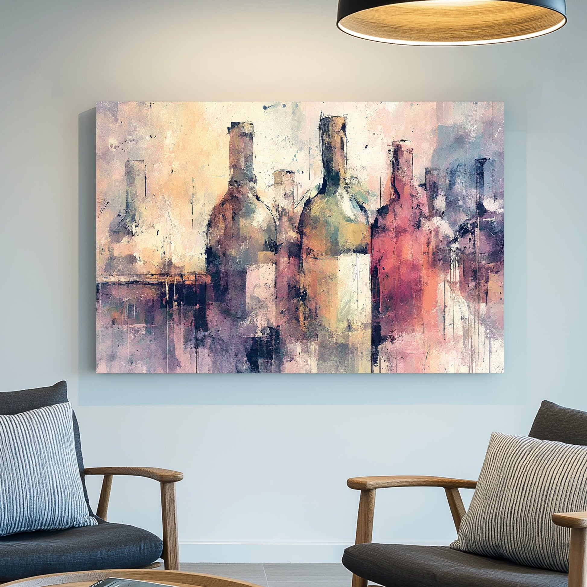 Abstract wine bottle wall art in soft pastel tones with impressionist texture