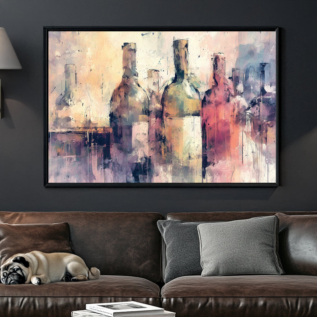 Abstract wine bottle wall art in soft pastel tones with impressionist texture