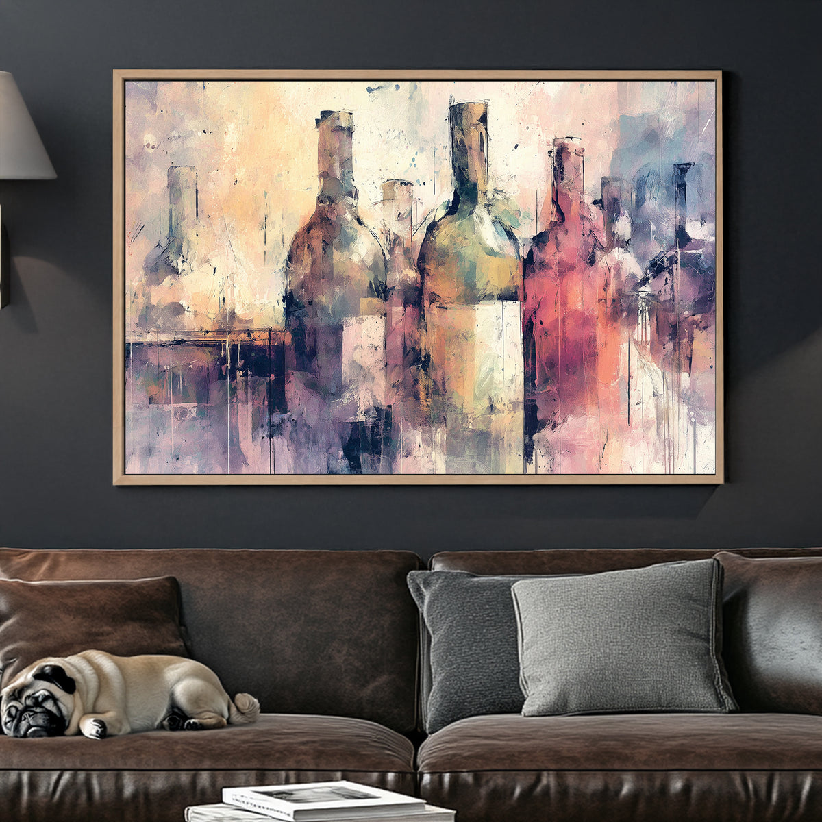 Abstract wine bottle wall art in soft pastel tones with impressionist texture