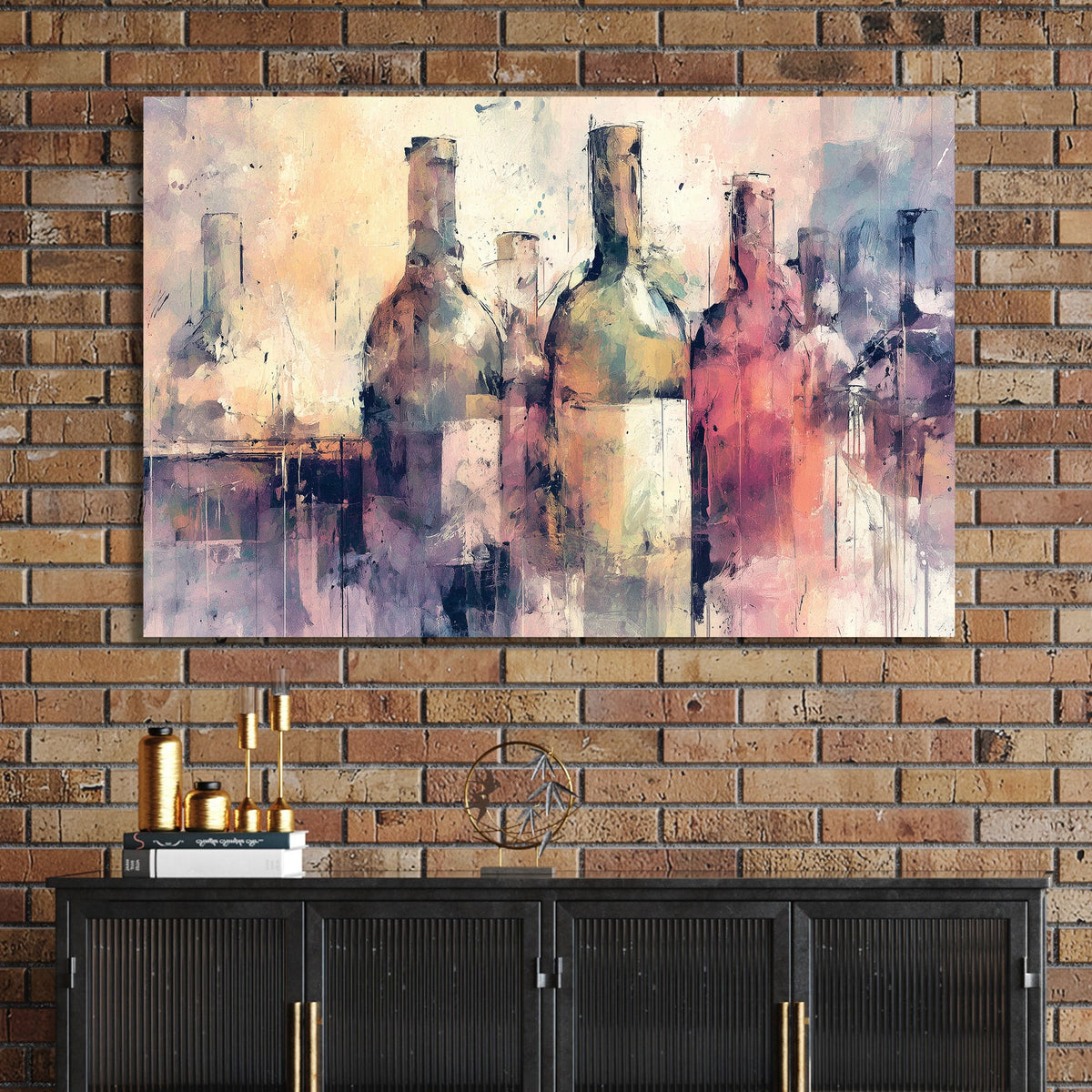 Abstract wine bottle wall art in soft pastel tones with impressionist texture