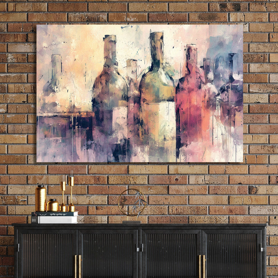 Abstract wine bottle wall art in soft pastel tones with impressionist texture
