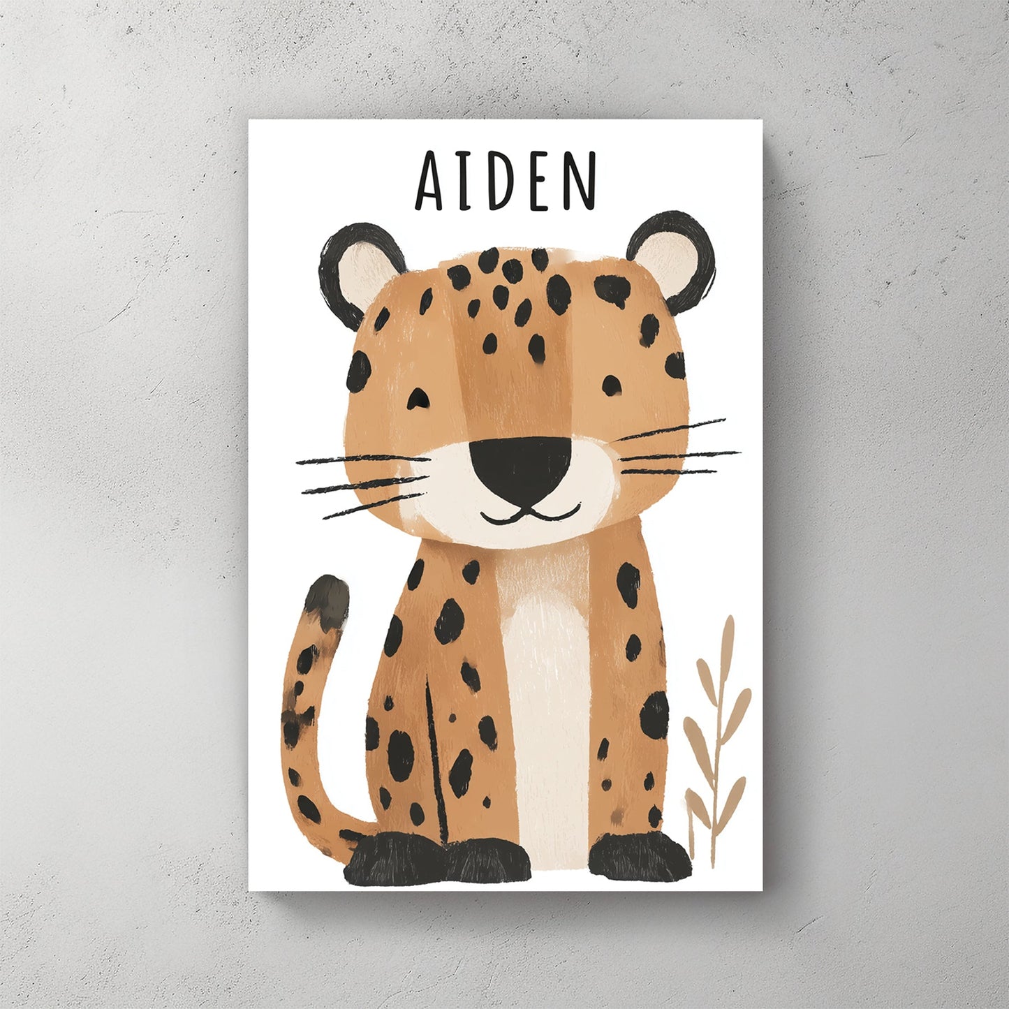 Cute leopard nursery wall art with the name Aiden in soft cartoon style