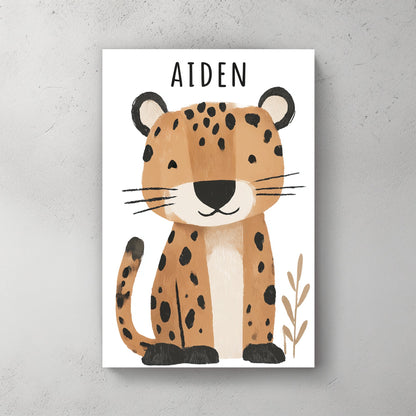 Cute leopard nursery wall art with the name Aiden in soft cartoon style