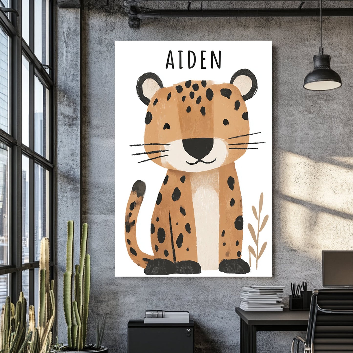 Cute leopard nursery wall art with the name Aiden in soft cartoon style