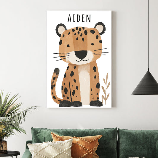 Cute leopard nursery wall art with the name Aiden in soft cartoon style