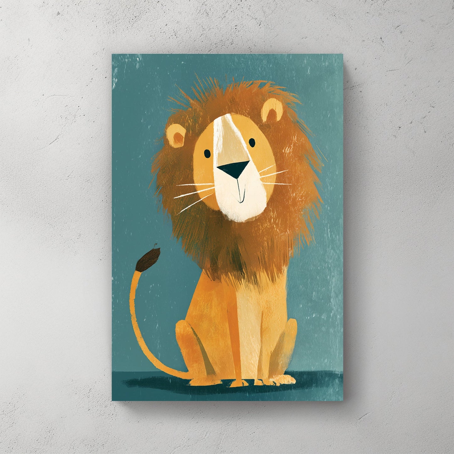 Smiling cartoon lion wall art with textured mane on teal background