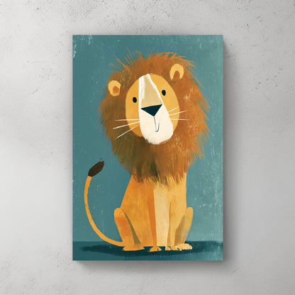 Smiling cartoon lion wall art with textured mane on teal background