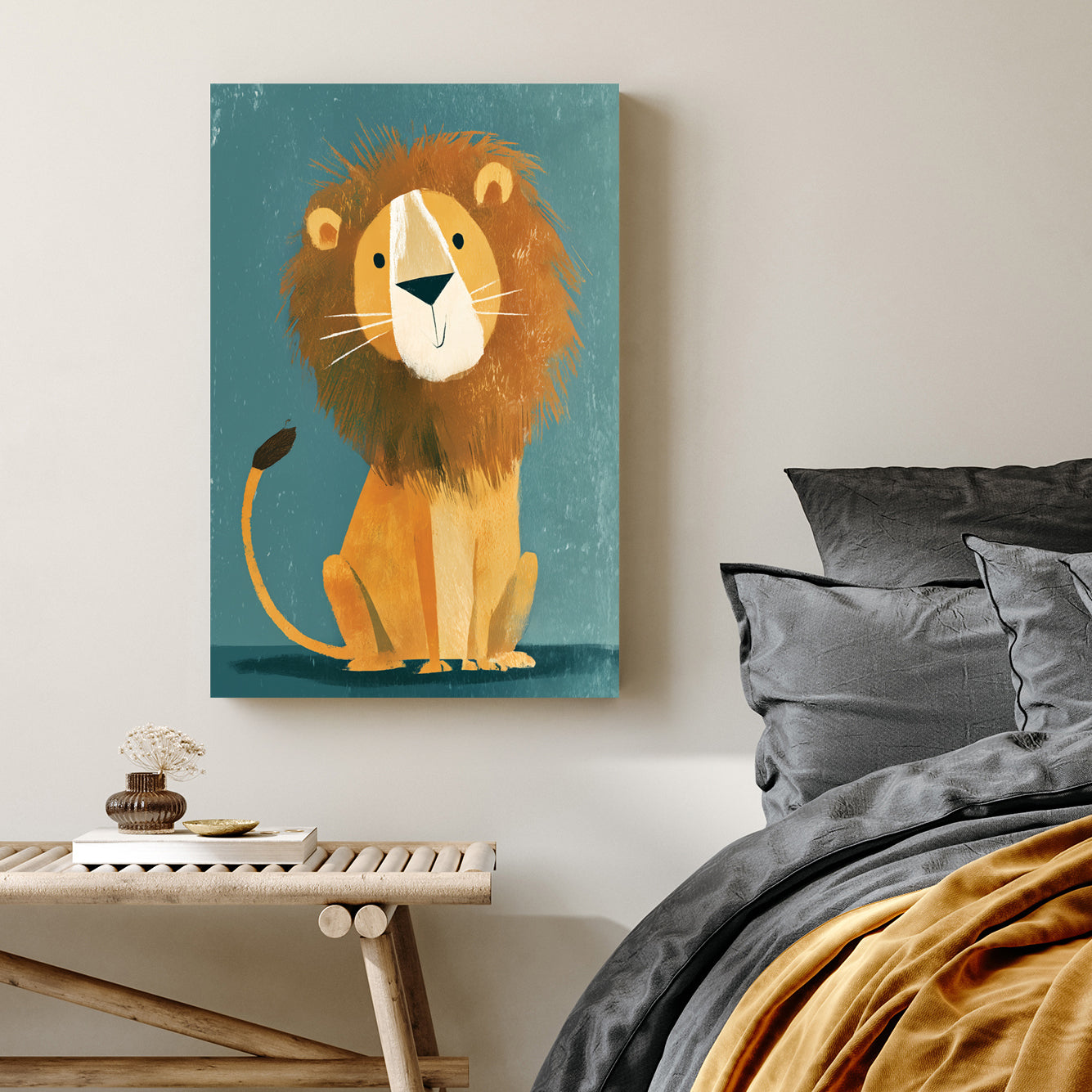 Smiling cartoon lion wall art with textured mane on teal background