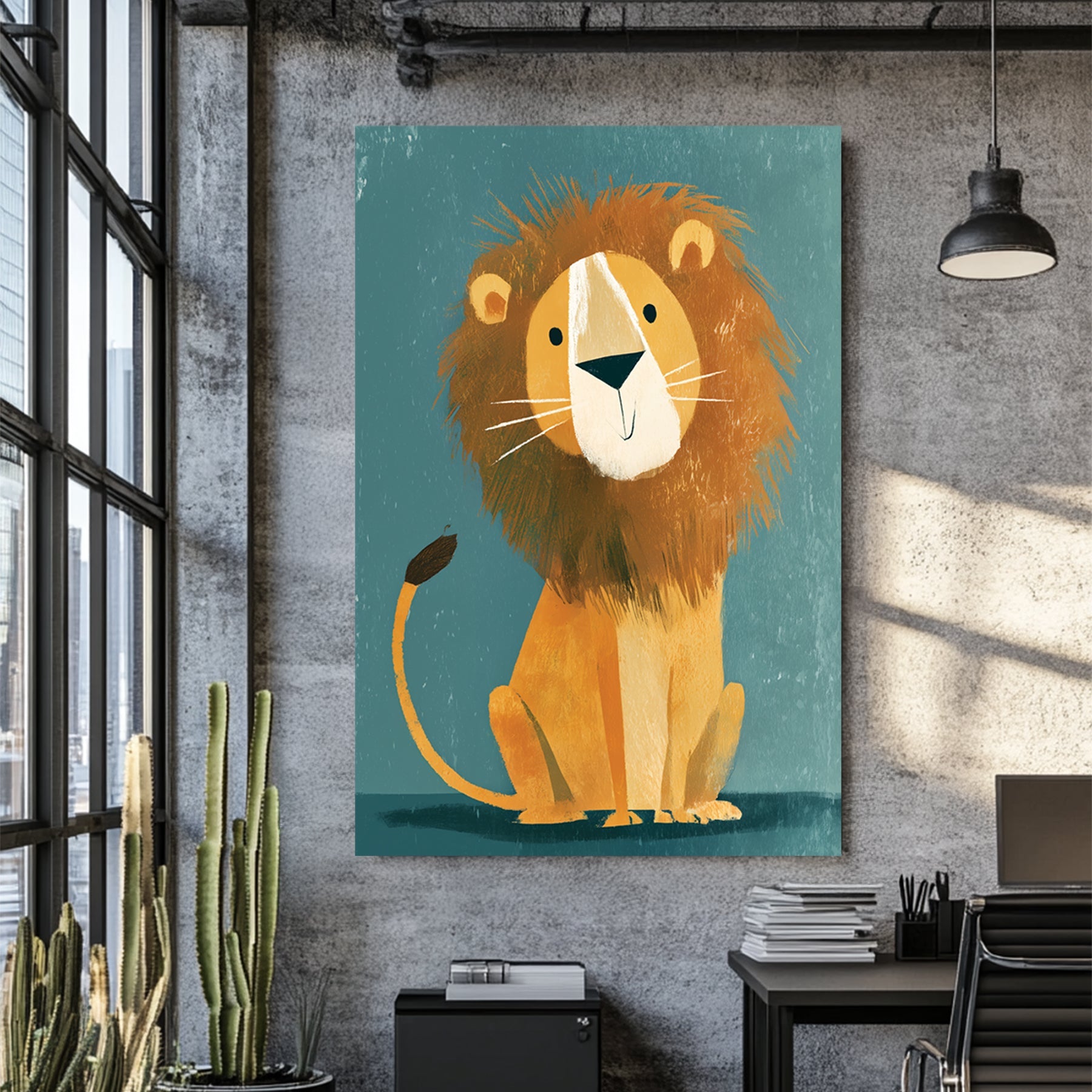 Smiling cartoon lion wall art with textured mane on teal background