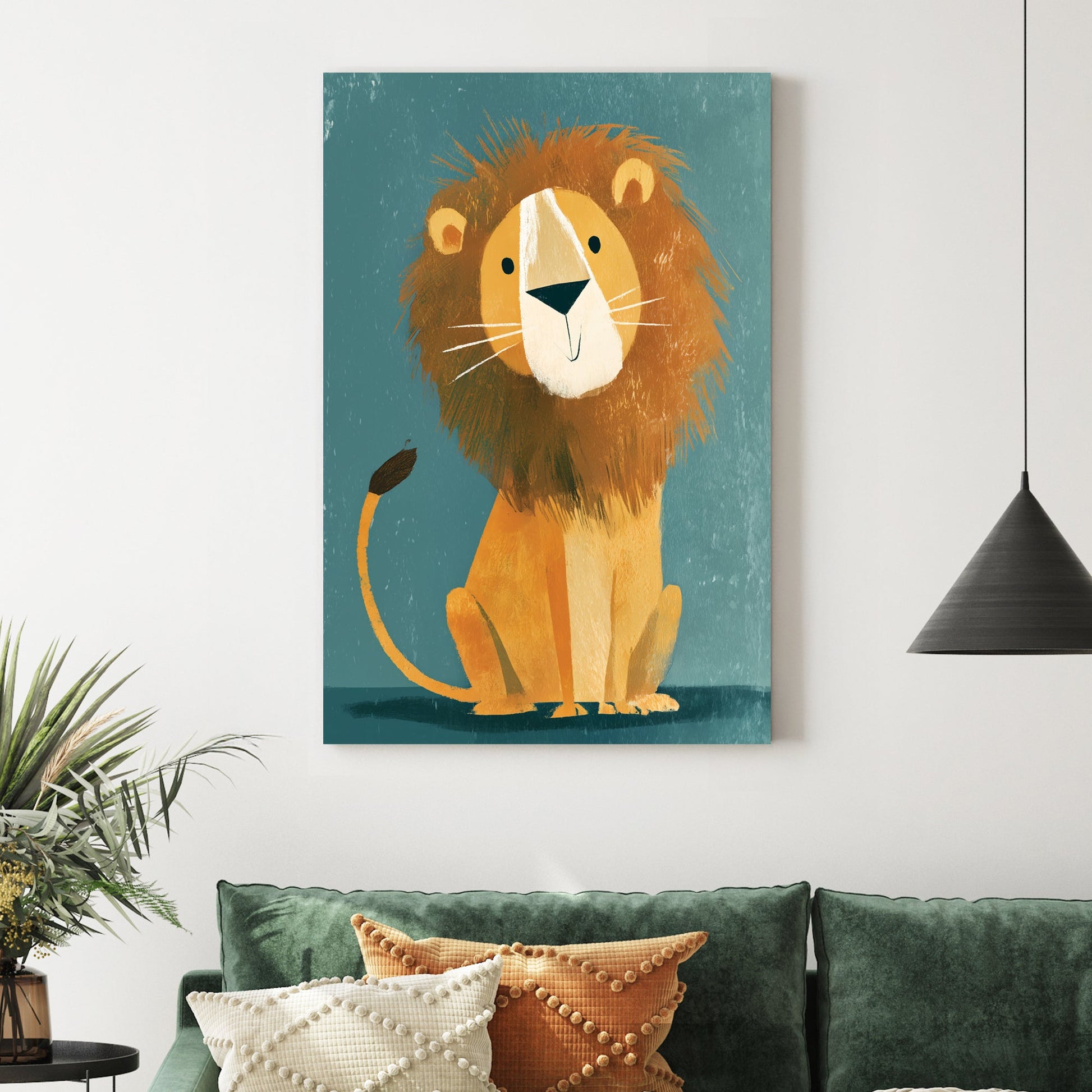 Smiling cartoon lion wall art with textured mane on teal background