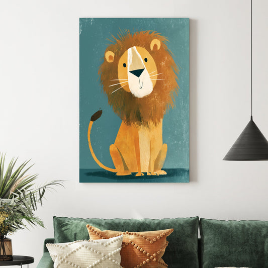 Smiling cartoon lion wall art with textured mane on teal background