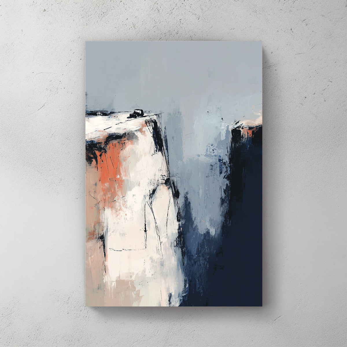 Abstract cliffside wall art with textured blue, white, and terracotta brushstrokes