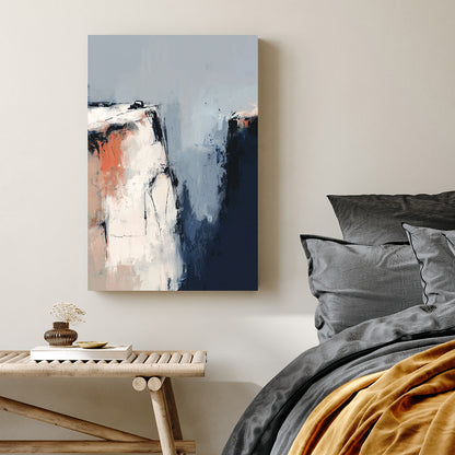 Abstract cliffside wall art with textured blue, white, and terracotta brushstrokes