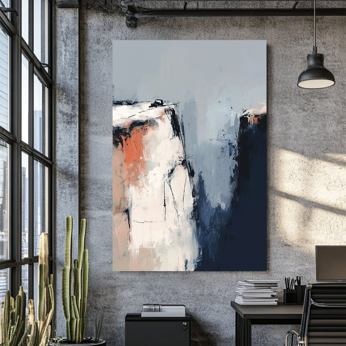 Abstract cliffside wall art with textured blue, white, and terracotta brushstrokes