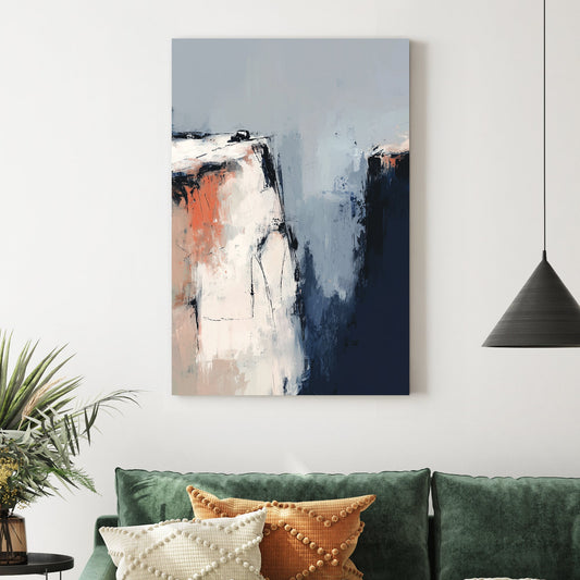 Abstract cliffside wall art with textured blue, white, and terracotta brushstrokes