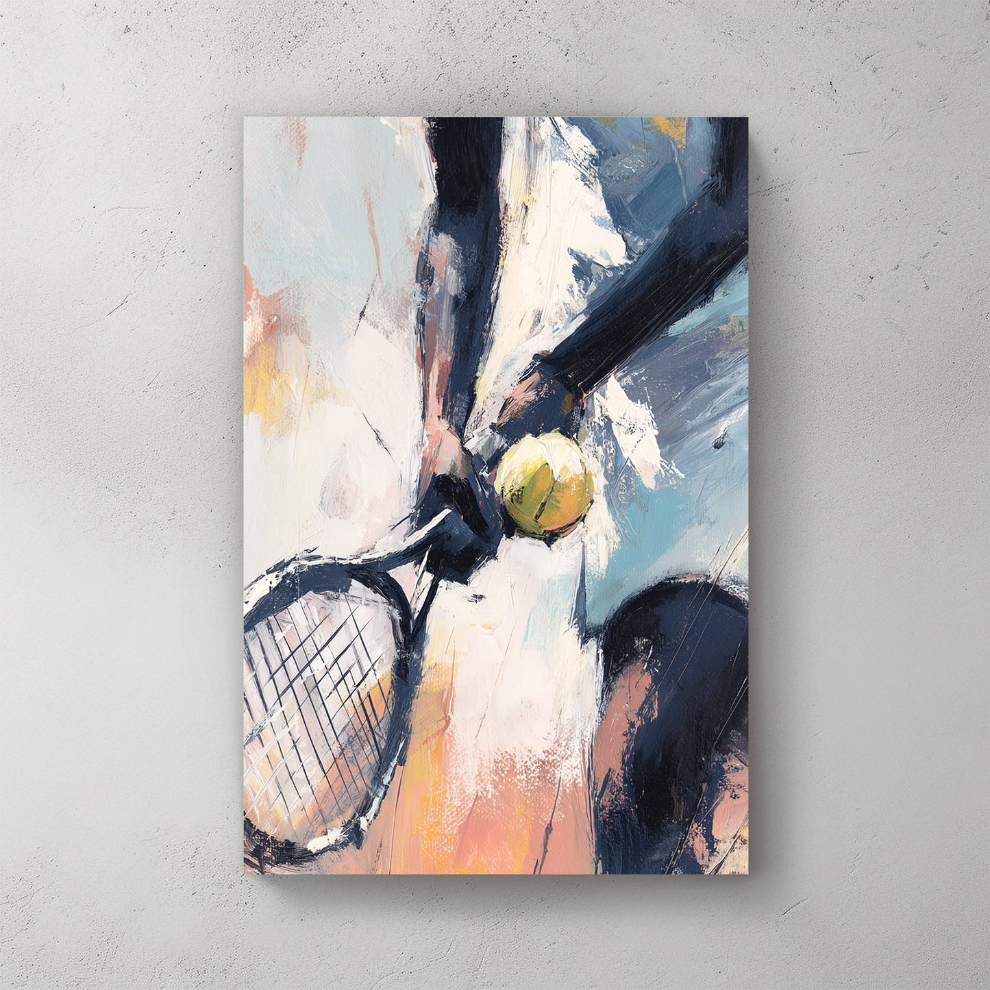 Abstract tennis wall art showing close-up of player holding racket and ball